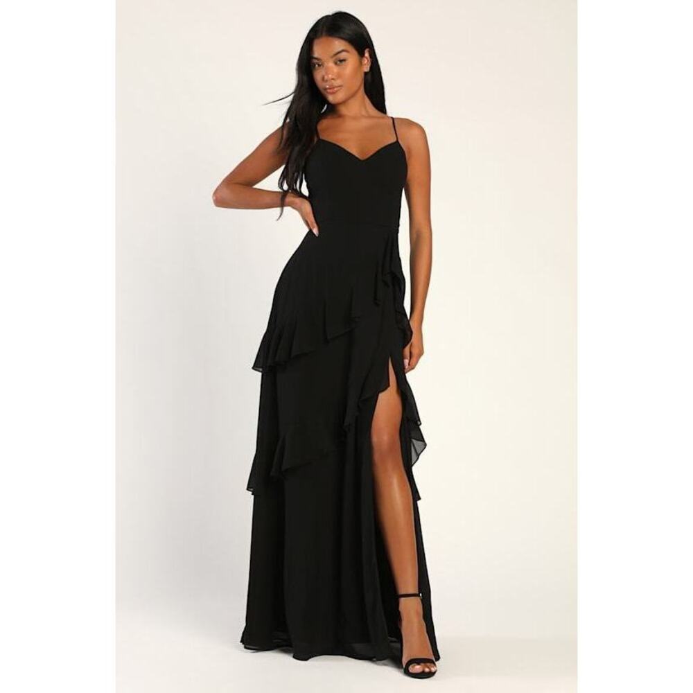 Lulus - Blessed With Beauty Black Ruffled Sleeveless Maxi Dress - Size XS - NEW